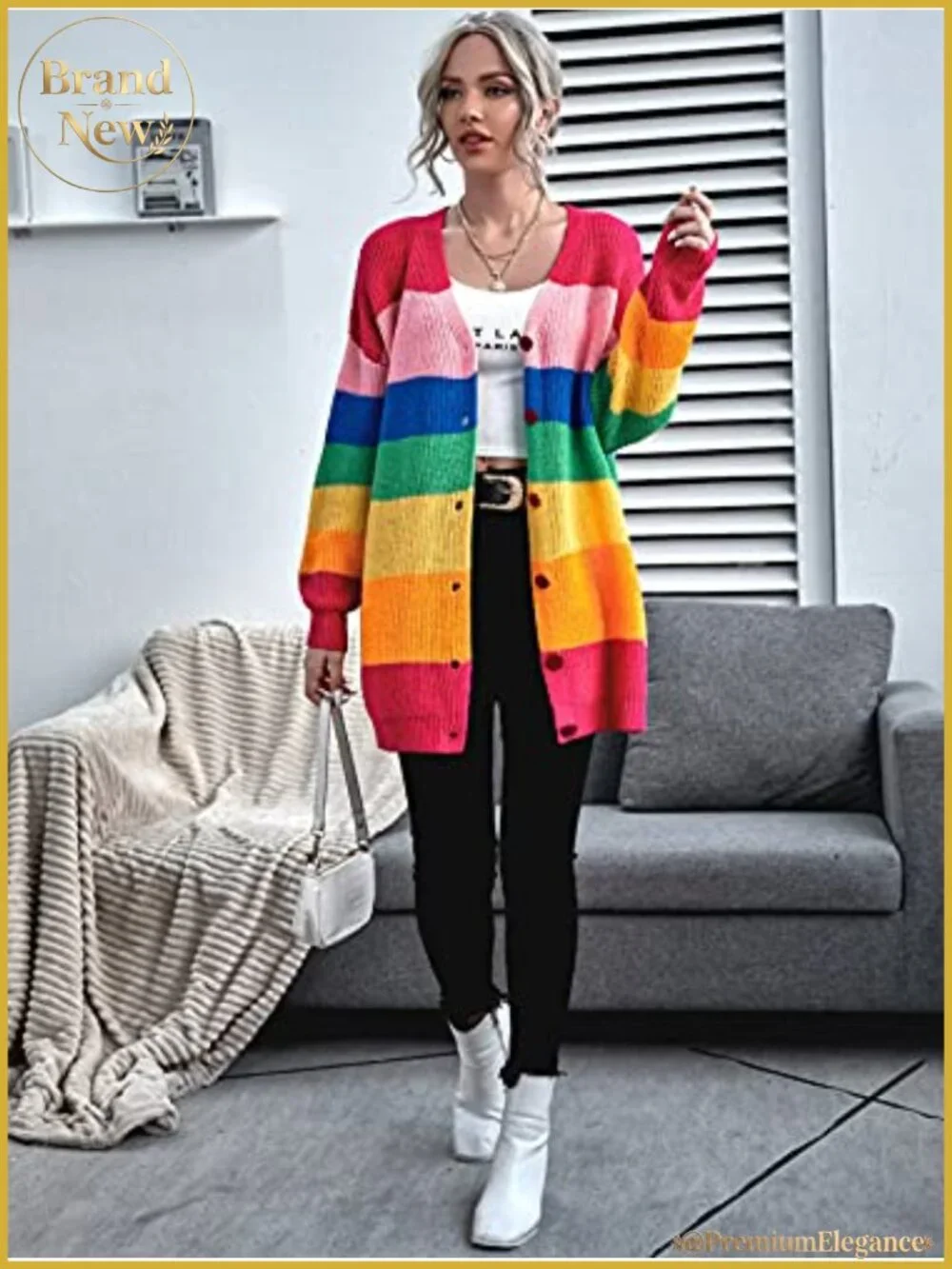 Women's Oversized Rainbow Stripe Cardigan Sweater with Button Front